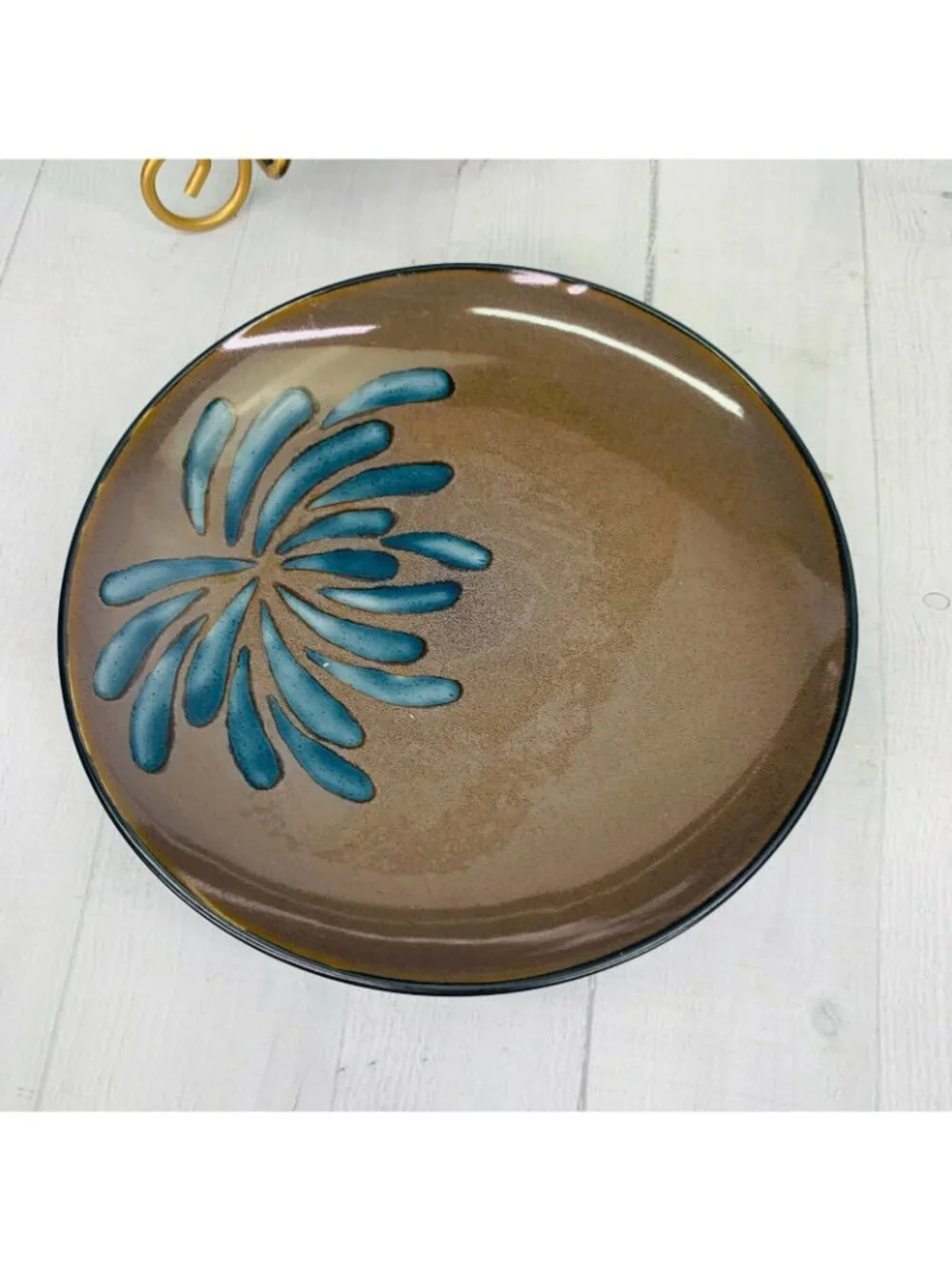 Pier 1 One BLUE MUM Stoneware Off Center On Brown Coupe Lunch Salad Plates Set 5